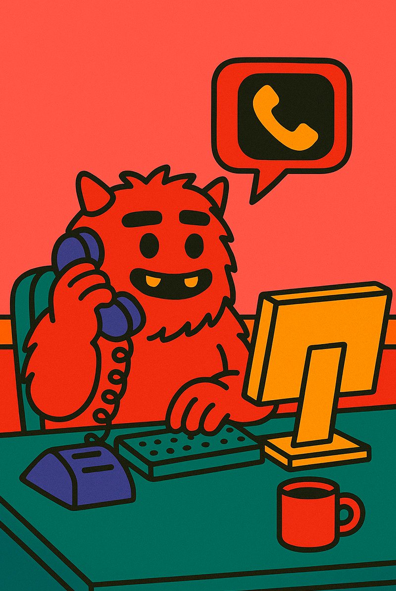 cartoon red monster using a phone at a desk with a computer and a coffee mug