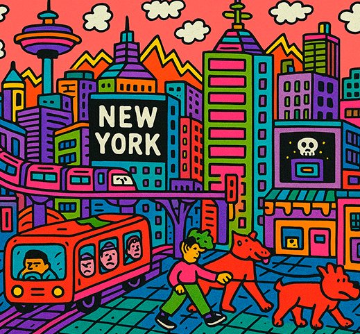 colorful cartoon-style illustration of New York City with buildings, trains, and people walking dogs