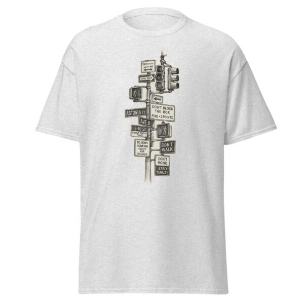 white t-shirt with colorful NYC traffic light and street signs design