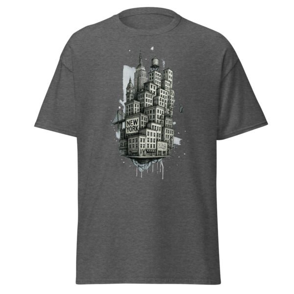 dark gray t-shirt with tight-packed NYC buildings illustration