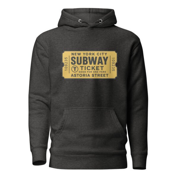 dark gray hoodie with retro yellow NYC MetroCard design
